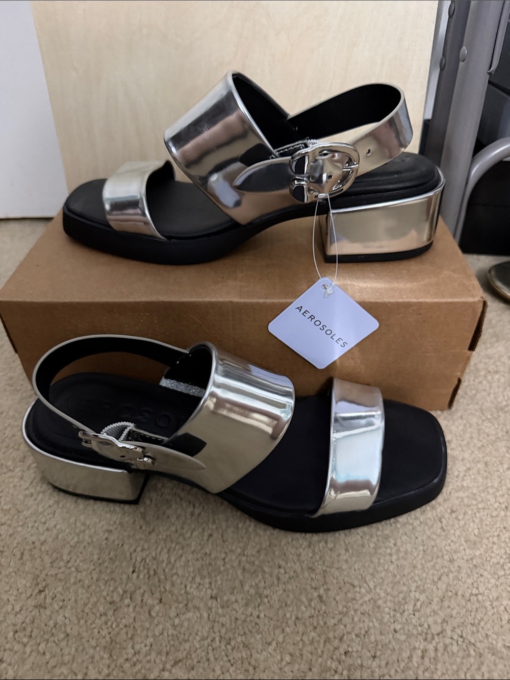 AEROSOLES Silver Metallic Slingback Block Heel Sandals